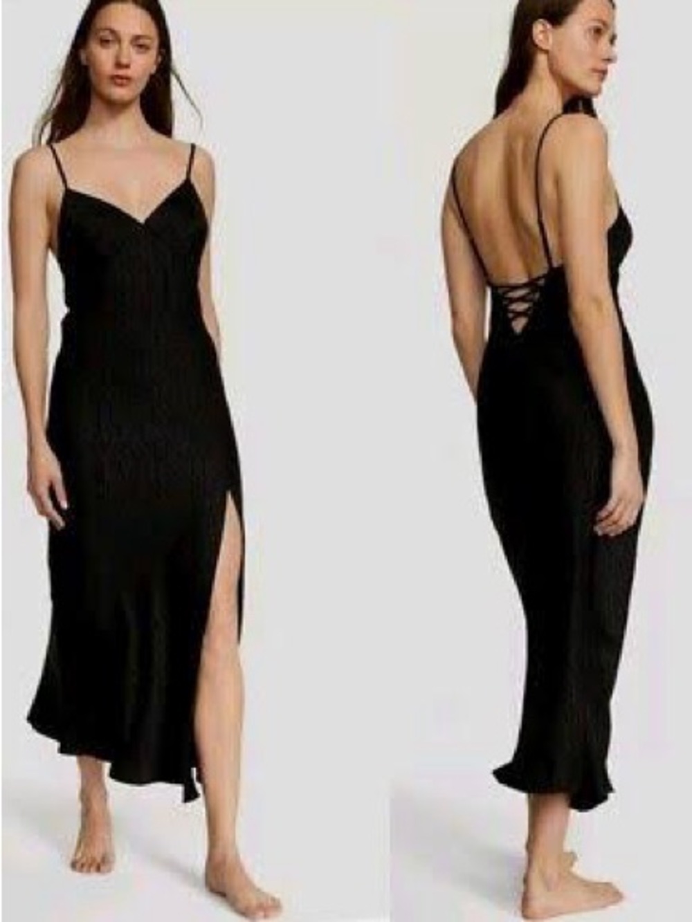 Victoria's Secret Icon logo Black Lace-Up Back Midi Slip Dress - LARGE NWOT